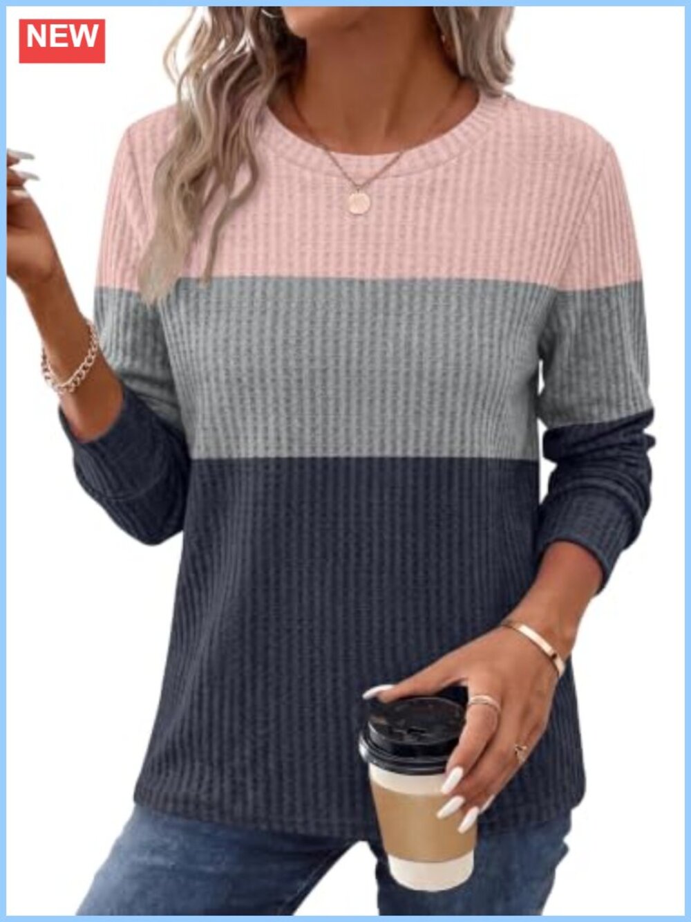 Womens Waffle Knit Long Sleeve Crew Neck Tops